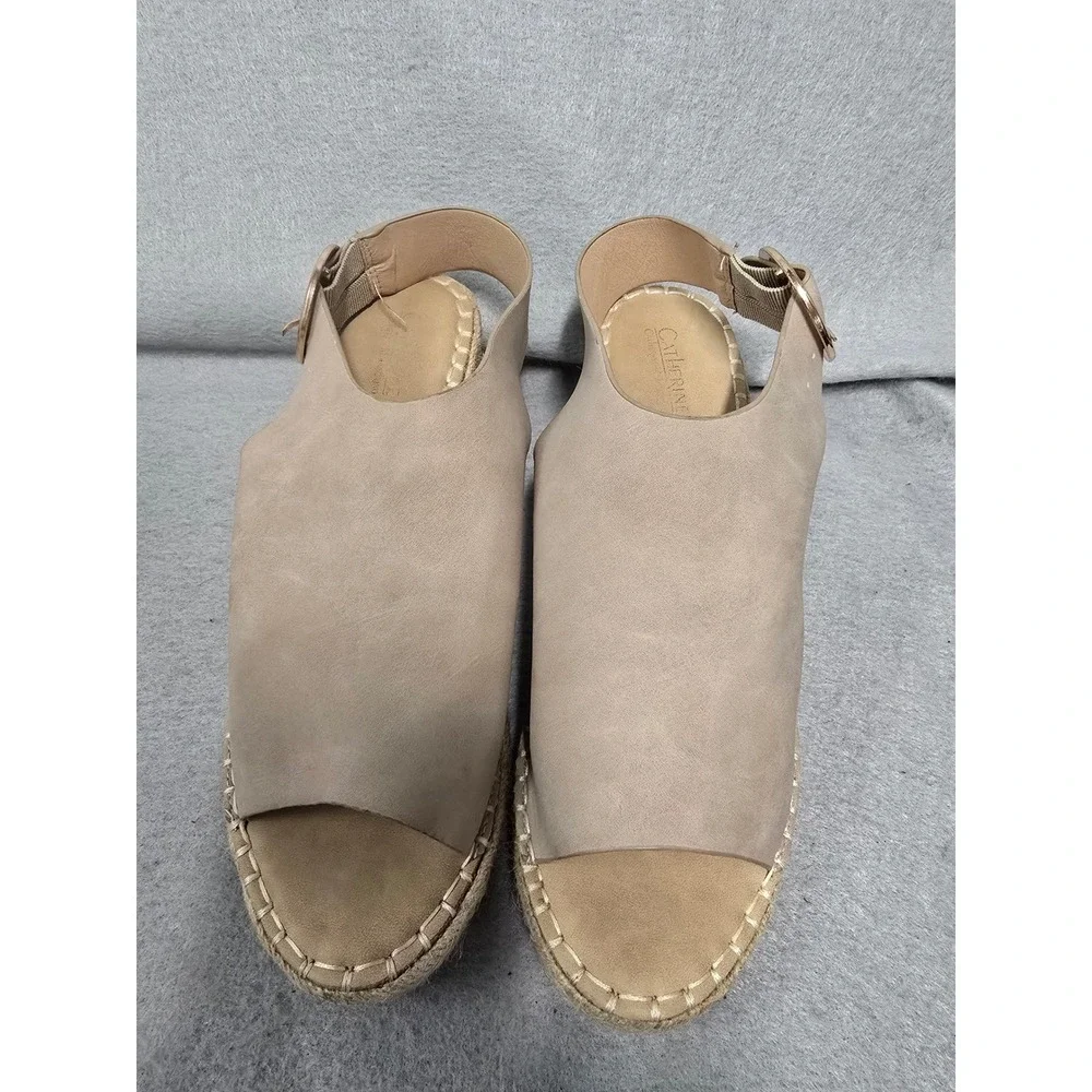 Catherine Malandrino Taupe Espadrille Wedge Heel Sandals Gold Buckle 9.5